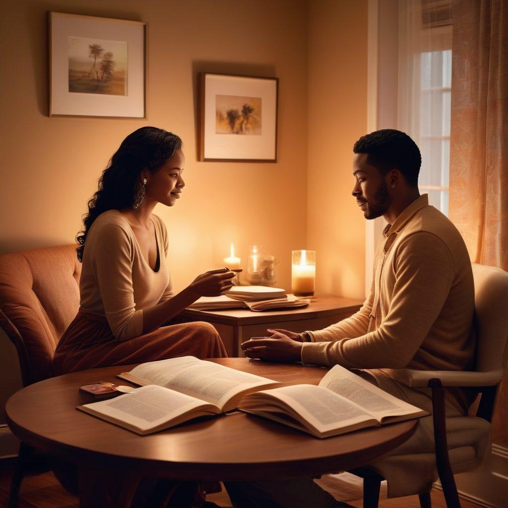A serene yet alluring scene depicting a diverse couple having a heart-to-heart conversation in a cozy, dimly lit room adorned with tasteful adult-themed artwork. Soft lighting casts warm shadows, emphasizing intimacy and connection. An open book with highlighted relationship tips rests on the table, symbolizing guidance. Sensual elements like tasteful décor hints at the adult industry. The atmosphere is modern, inviting, and relatable. super-realistic. warm colors. cozy ambiance.