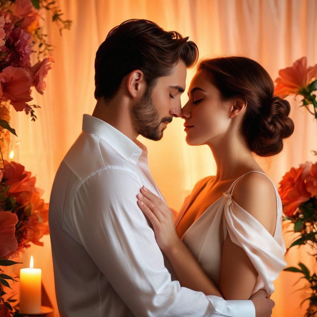 An artistic representation of a cozy, intimate setting showcasing two silhouettes sharing a whisper, surrounded by soft candlelight and vibrant flowers. The backdrop reflects a blend of warm hues suggesting sensuality and wellness, with abstract shapes symbolizing intimacy. A gentle breeze sways sensuous fabric draping around them, invoking a feeling of connection and exploration. super-realistic. warm colors. soft focus.